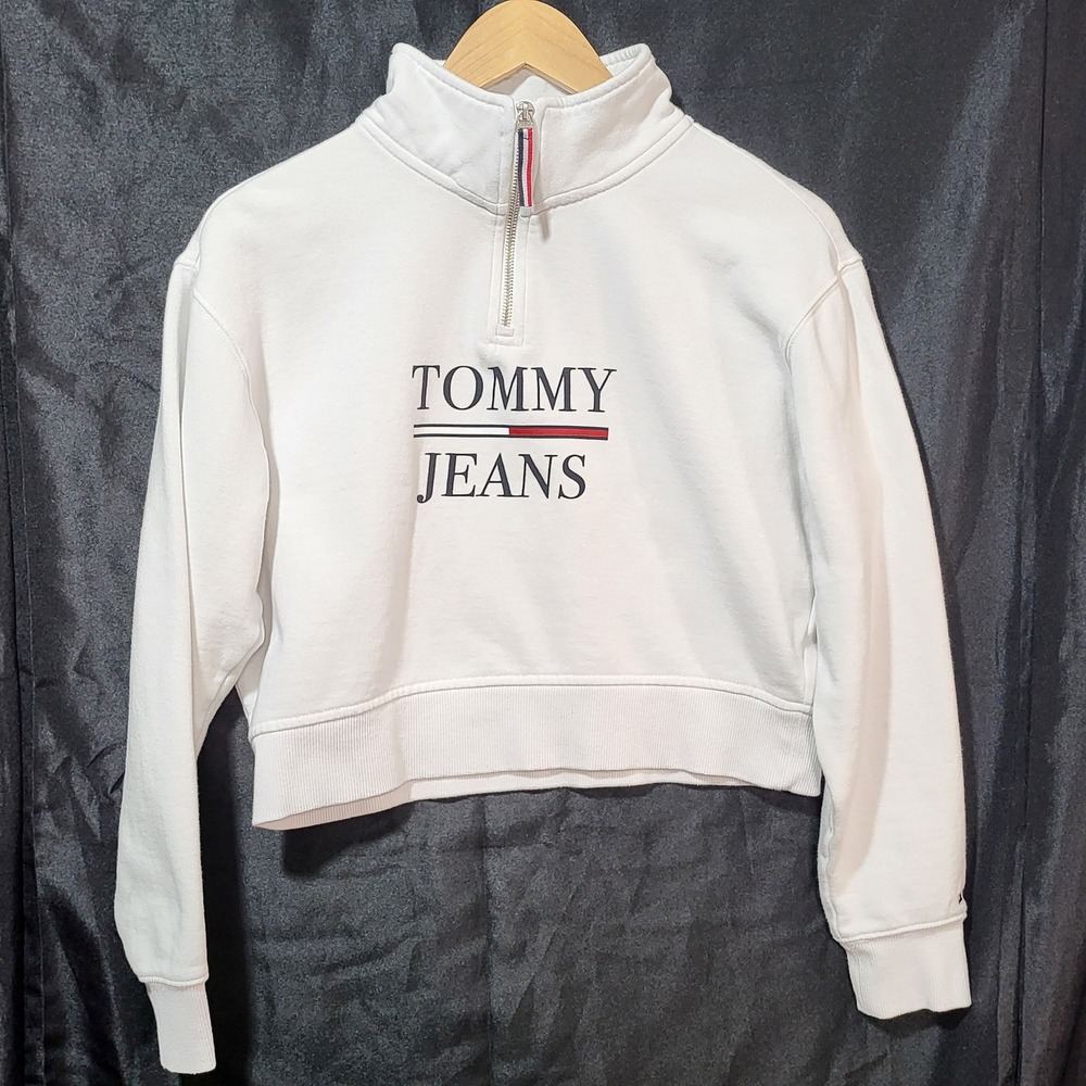 Tommy Jeans Womens White Quarter Zip Cropped Sweatshirt Logo Pullover Small